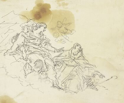 Madonna auf Wolken, von einem Heiligen verehrt