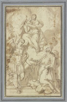 Madonna in Wolken, verehrt vom Erzengel Michael und dem Heiligen Petrus — size preview