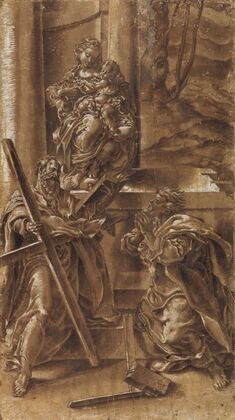 Madonna med barnet samt apostlen Andreas (t.v.) og den hellige Judas (t.h.)