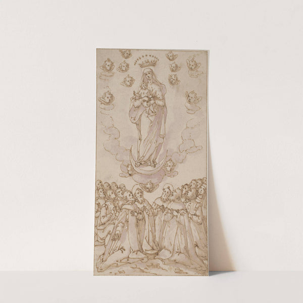 Madonna og barnet på en halvmåne viser sig for en gruppe helgener, præster og lægmænd by Giovanni Guerra