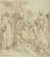 Madonna unter einem Baum zwischen zwei Heiligen, eine kniende Nonne hält dem Jesuskind ein Herz entgegen (Sacra conversazione)