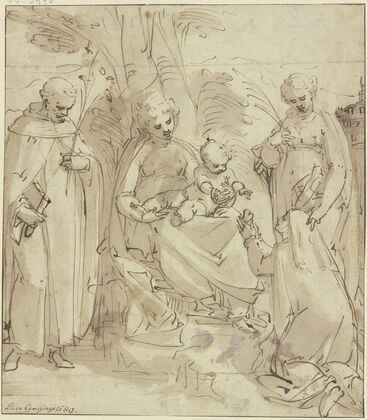 Madonna unter einem Baum zwischen zwei Heiligen, eine kniende Nonne hält dem Jesuskind ein Herz entgegen (Sacra conversazione)