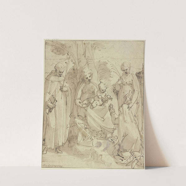 Madonna unter einem Baum zwischen zwei Heiligen, eine kniende Nonne hält dem Jesuskind ein Herz entgegen (Sacra conversazione) by Luca Cambiaso