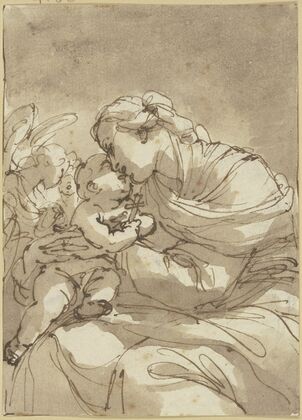 Madonna von zwei Engeln angebetet, Kniestück