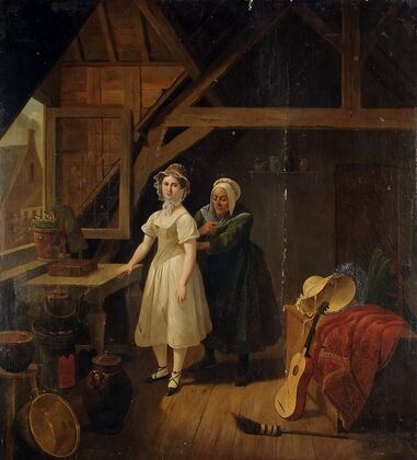 Maid Sewing A Lady Into A Corset