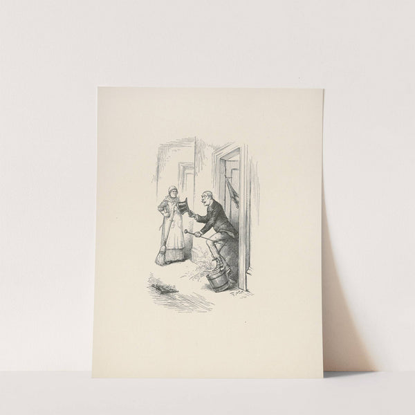 Maid watches man trip over bucket by Thomas Nast