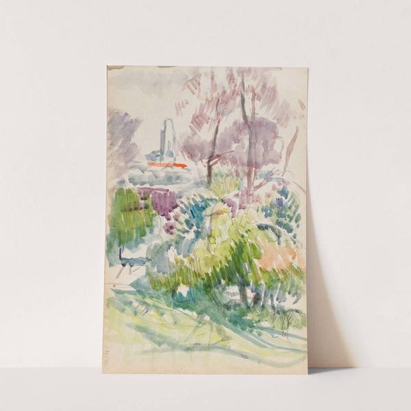 Maisema, pensaita, puita ja torni, luonnos by Magnus Enckell