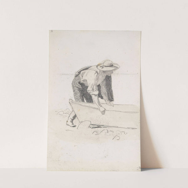 Male figure and boat on the beach (Between 1878 and 1880) by Hans Gude