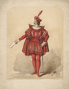 Male figure dressed in a red costume, holding a piece of paper in his right hand