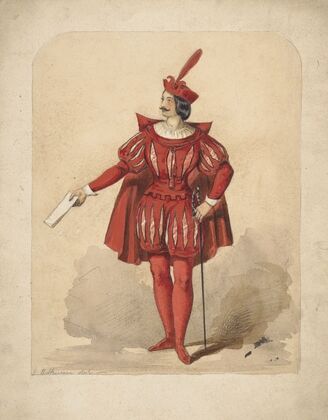 Male figure dressed in a red costume, holding a piece of paper in his right hand