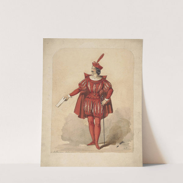 Male figure dressed in a red costume, holding a piece of paper in his right hand by G. Wilkinson