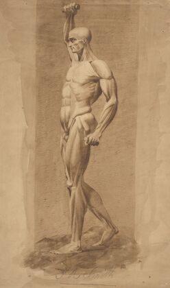 Male figure, nude, hands clutching batons, right arm upraised, seen from side