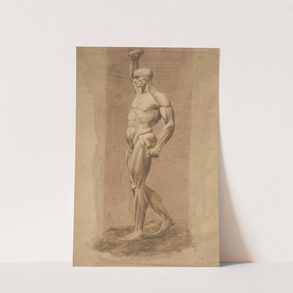 Male figure, nude, hands clutching batons, right arm upraised, seen from side by John Rubens Smith