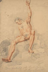 Male figure, nude, seated, left arm upraised and clutching rope, seen from front