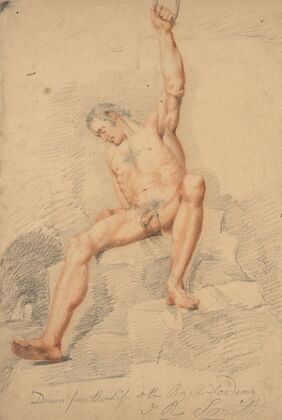 Male figure, nude, seated, left arm upraised and clutching rope, seen from front