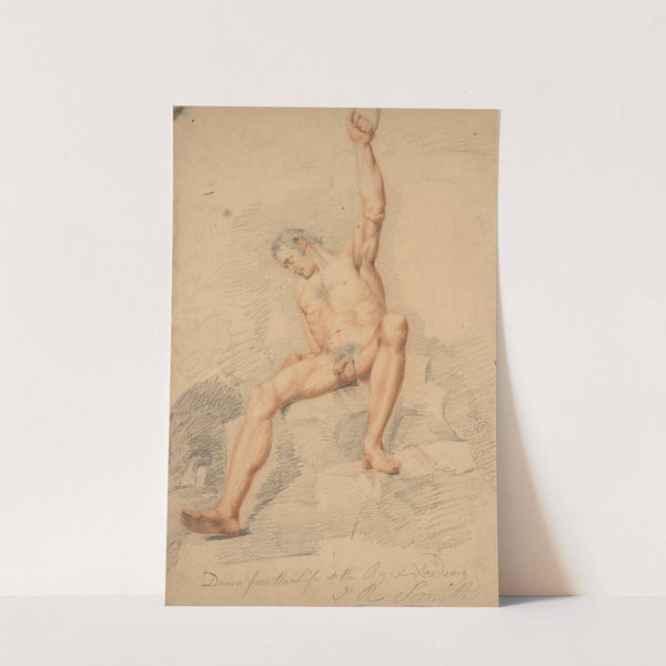 Male figure, nude, seated, left arm upraised and clutching rope, seen from front by John Rubens Smith