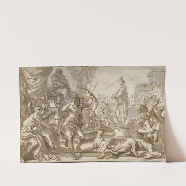 Male Figure with a Bow and Arrow Shooting at a Statue of a Woman with a Ball on her Head by Domenico Piola