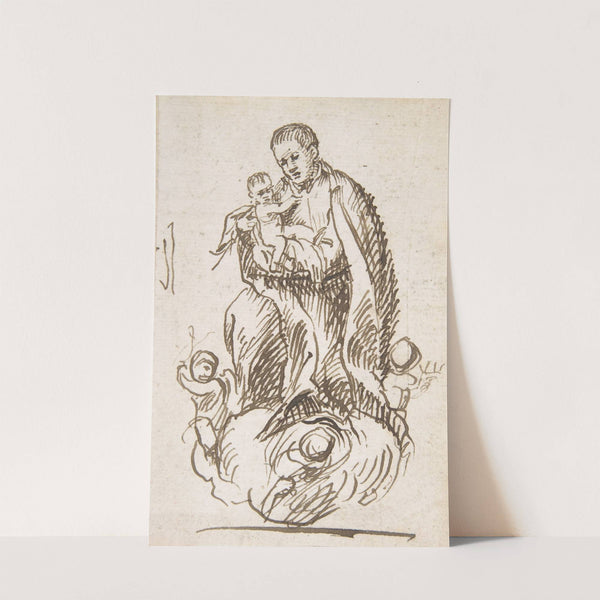 Male Saint standing on clouds supported by putti, holding infant Christ by Pedro Duque y Cornejo