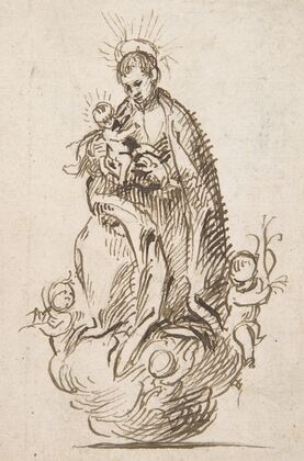 Male Saint standing on clouds supported by putti, holding infant Christ