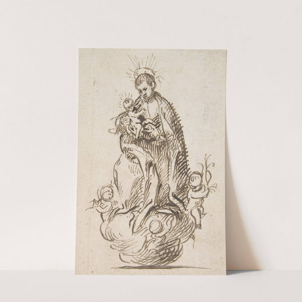 Male Saint standing on clouds supported by putti, holding infant Christ by Pedro Duque y Cornejo