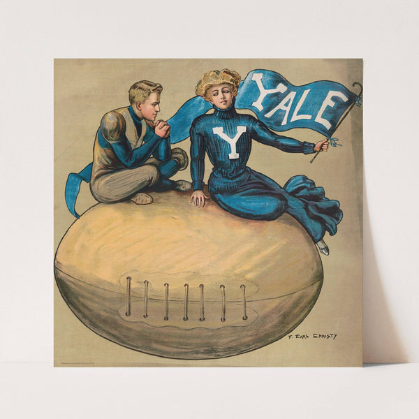 Man and woman sitting on giant football with a Yale flag (1907) by F. Earl Christy