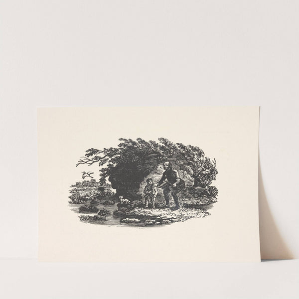 Man, child, and dog near water by Alexander Anderson