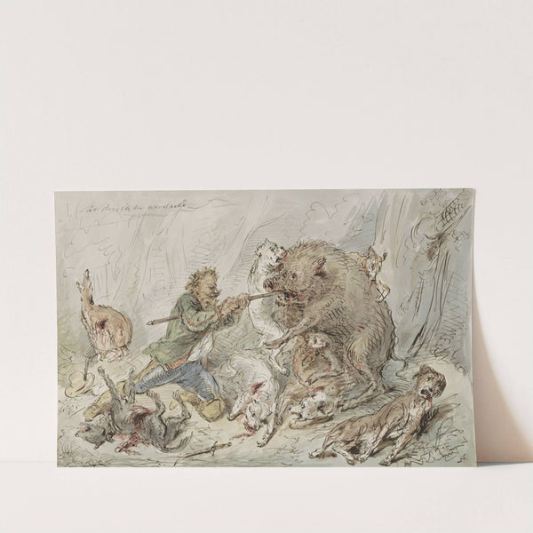 Man die een wild zwijn doodt in een woud by Alexander Ver Huell