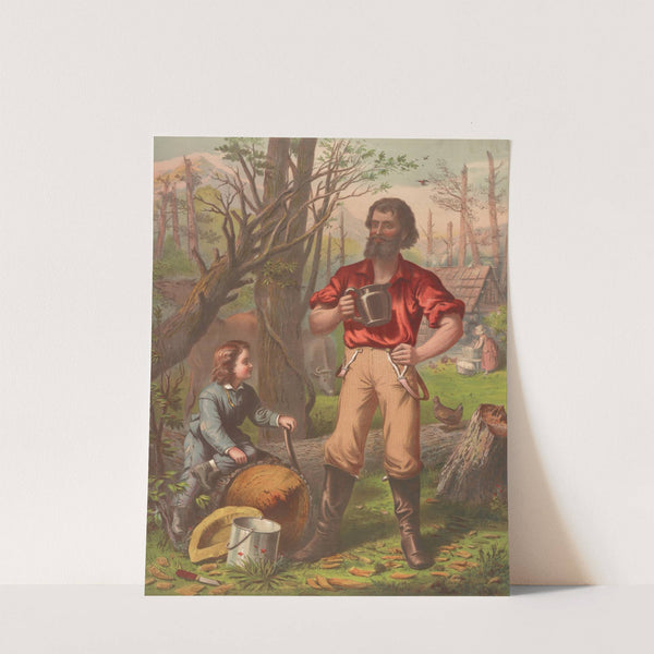 Man holding mug standing by chopped down tree, young boy sitting on tree trunk (1872) by Armstrong & Co