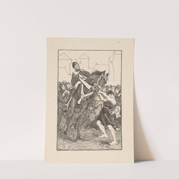 Man houdt wild paard vast op druk plein by Bernard Willem Wierink