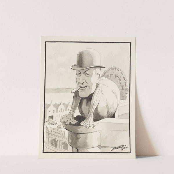 Man in bowler hat and cigar depicted as a turkey, stares out over a parapet (1912) by Louis Glackens