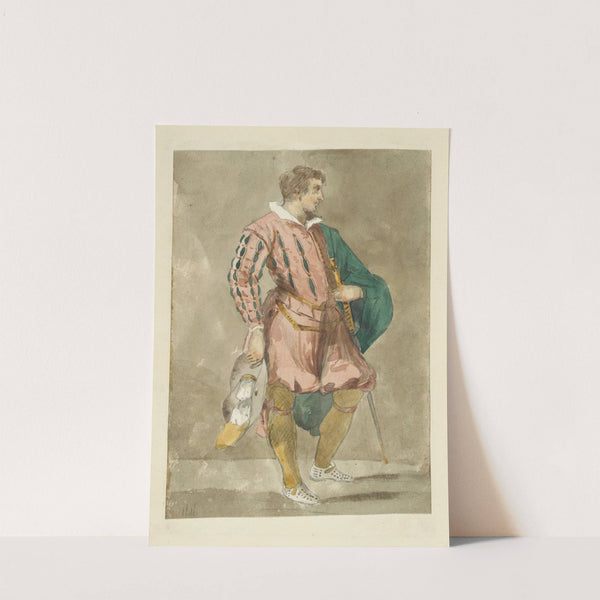 Man in doublet, breeches, tights, with mantle, sword, and hat by Stewart Watson