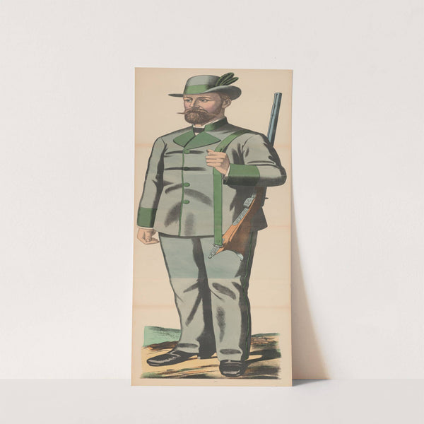 Man in light green suit and Tyrolean hat holding a rifle over his shoulder by René Ackermann