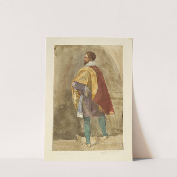 Man in maroon cape with gold lining, purple tunic and green tights by Stewart Watson
