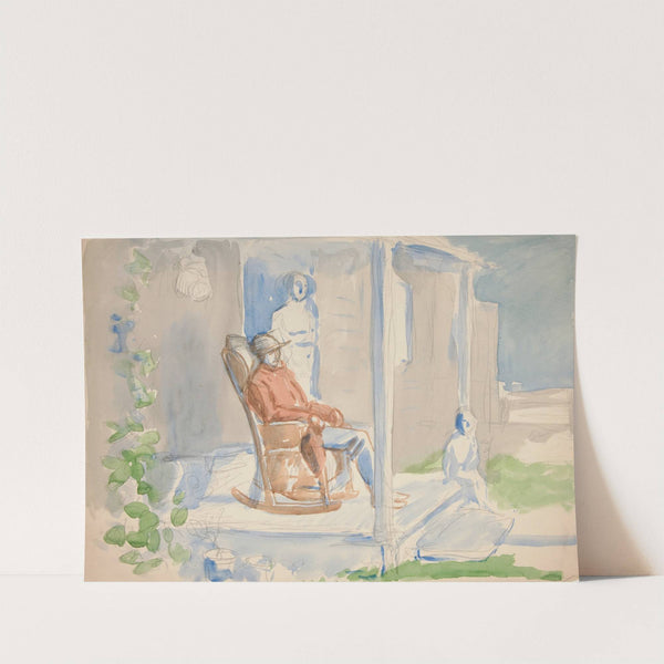 Man in rocking chair on front porch with his wife and child by Edwin Austin Abbey