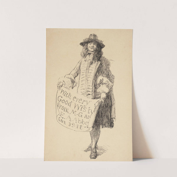 Man in seventeenth-century dress holding a scroll; With every Good Wish from M. G. and E. A. Abbey for 1911 (1911) by Edwin Austin Abbey