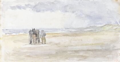 Man met paard en wagen op het strand (1834 - 1911)