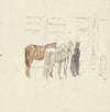 Man met twee paarden voor een gebouw