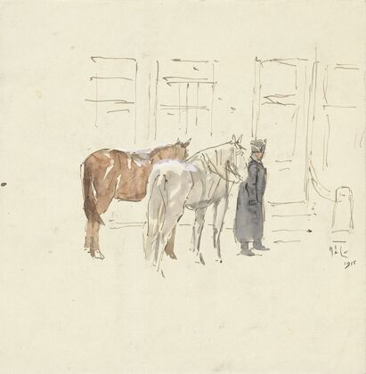 Man met twee paarden voor een gebouw