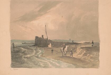 Man on horseback talking with a man carrying an oystering shovel on the shore of the Delaware River (1840-1870)