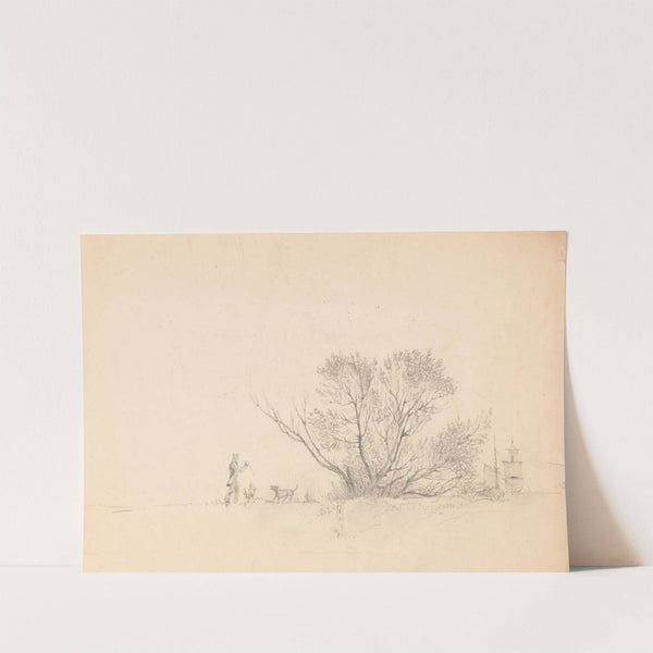 Man playing fetch with a dog near a cluster of trees, ship rigging under full sail visible on the right (1840-1875) by James Fuller Queen