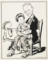 Man seated on a chair with child-sized woman on his lap holding candies (1906)