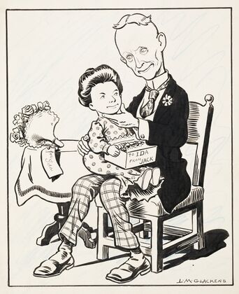 Man seated on a chair with child-sized woman on his lap holding candies (1906)