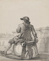 Man Sitting on a Cask on a Wheelbarrow