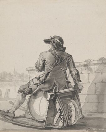Man Sitting on a Cask on a Wheelbarrow