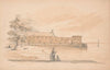 Man sketching on a wharf with a dog seated next to him (1848)