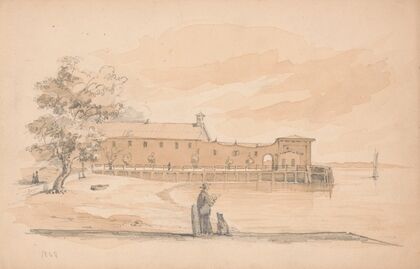 Man sketching on a wharf with a dog seated next to him (1848)