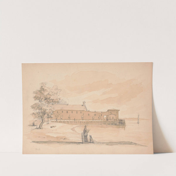 Man sketching on a wharf with a dog seated next to him (1848) by James Fuller Queen