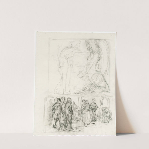 Man spreekt groep figuren toe in interieur, man en sfinx by Johannes Josephus Aarts