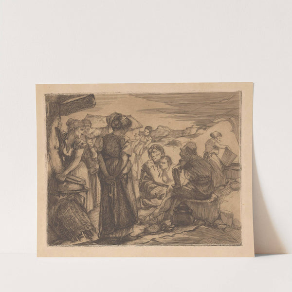 Man, vrouwen en kind in heuvelachtig landschap by Johannes Josephus Aarts