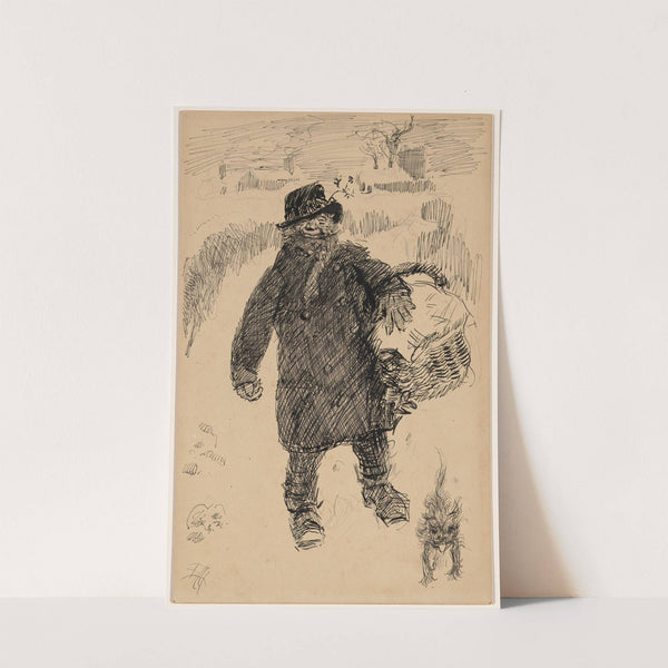 Man Walking in the Snow Carrying a Covered Basket, Accompanied by a Small Terrier (1890–1911) by Edwin Austin Abbey